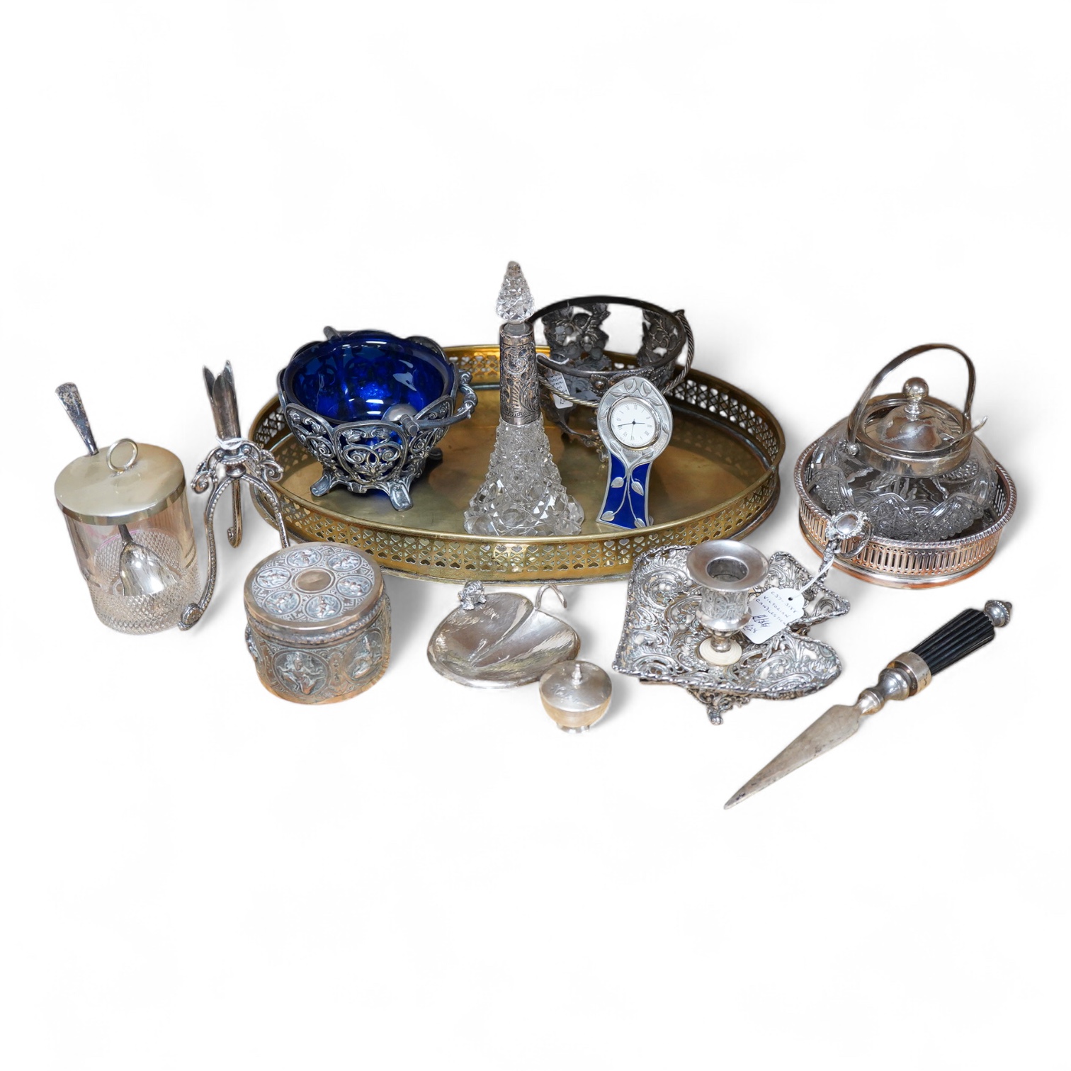 An Art Nouveau style enamelled timepiece by A. E. Williams, a small group of various plated wares and some small silver